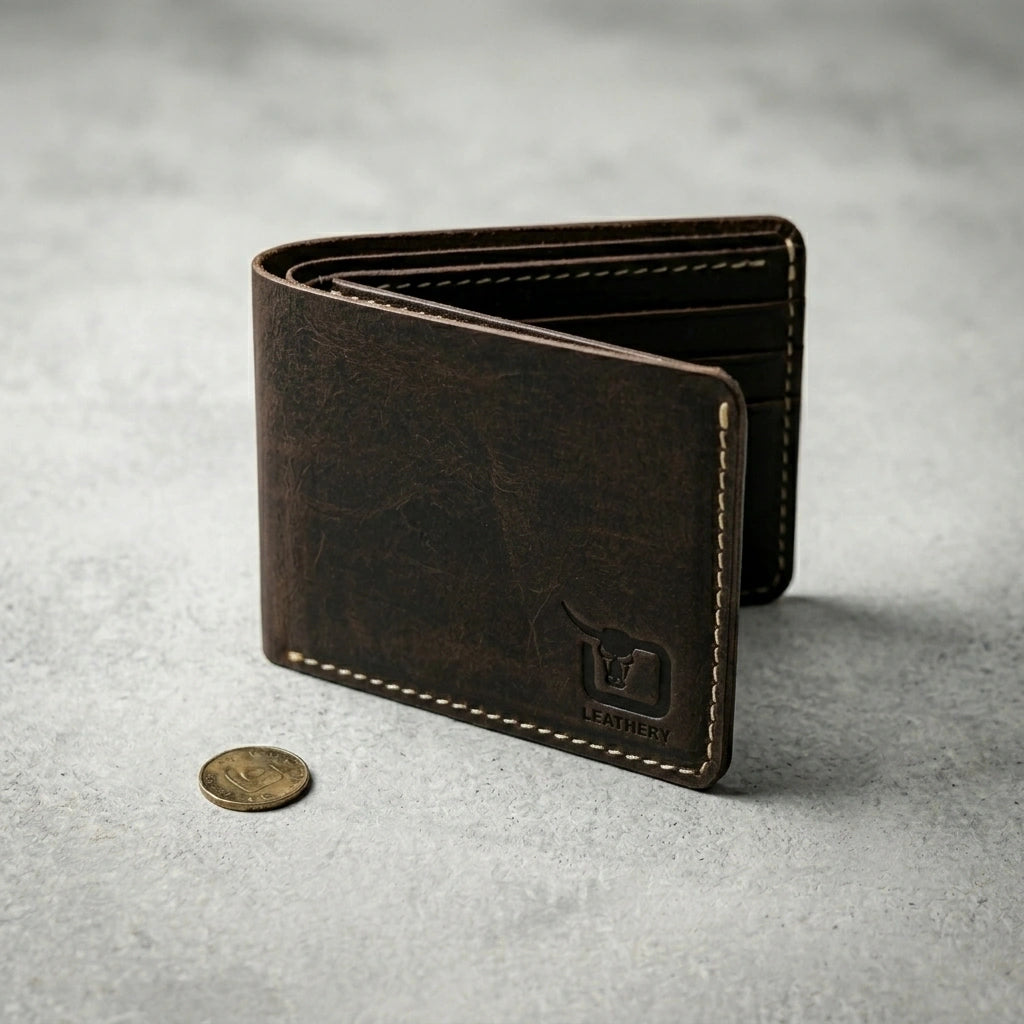 Men's dollar size bifold leather wallet in Deep Espresso | Leathery