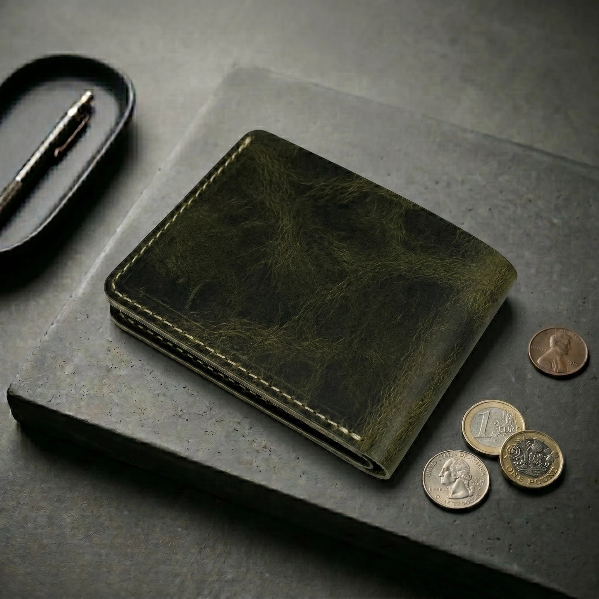 Men's dollar size bifold leather wallet in Forest Moss Green | Leathery