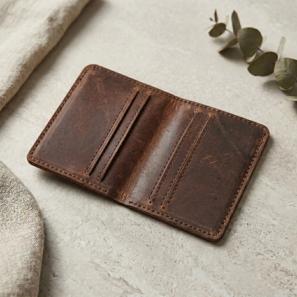 Men's leather card holder wallet in Iron Blood Burgundy Brown | Leathery