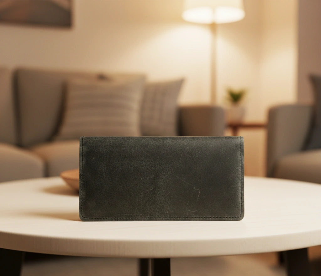 Men's bifold long leather wallet in Charcoal Black | Leathery