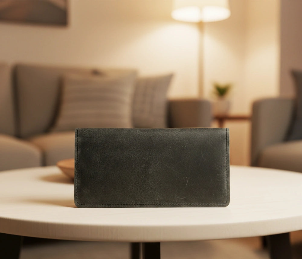 Men's bifold long leather wallet in Charcoal Black | Leathery