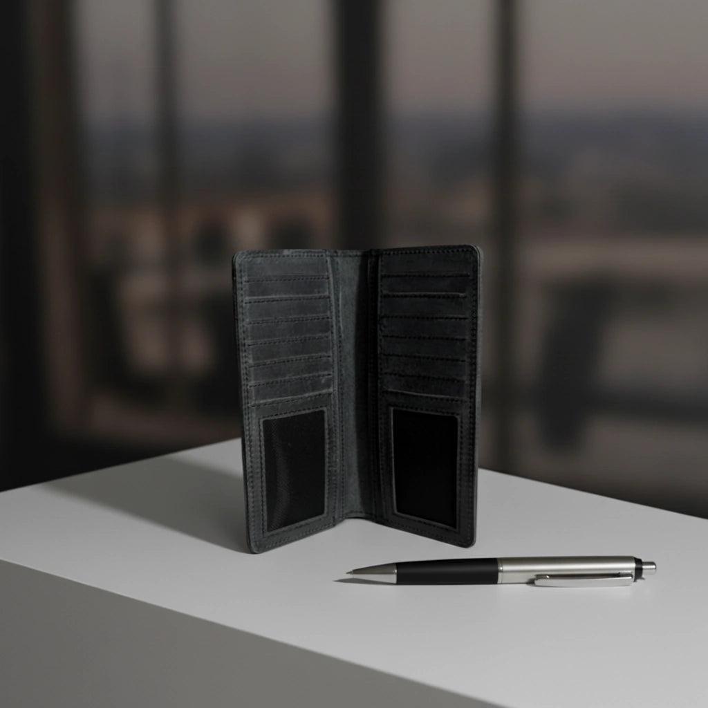 Men's bifold long leather wallet in Charcoal Black | Leathery
