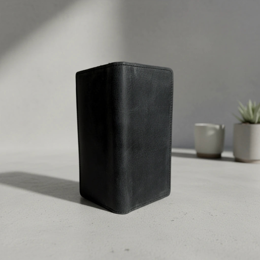 Men's bifold long leather wallet in Charcoal Black | Leathery