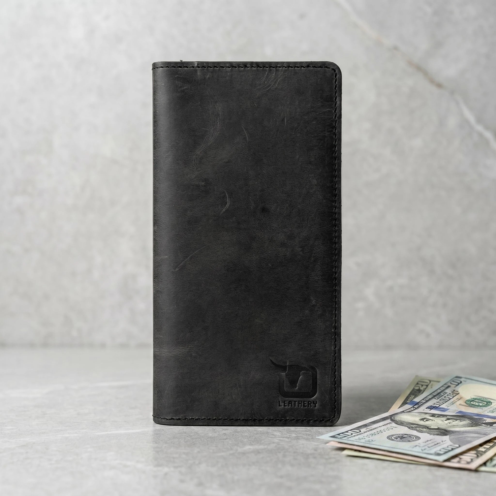 Men's bifold long leather wallet in Charcoal Black | Leathery
