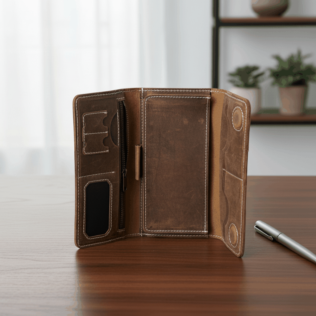 Long Unisex Leather Trifold Wallet with Magnet Lock | Vintage Classic