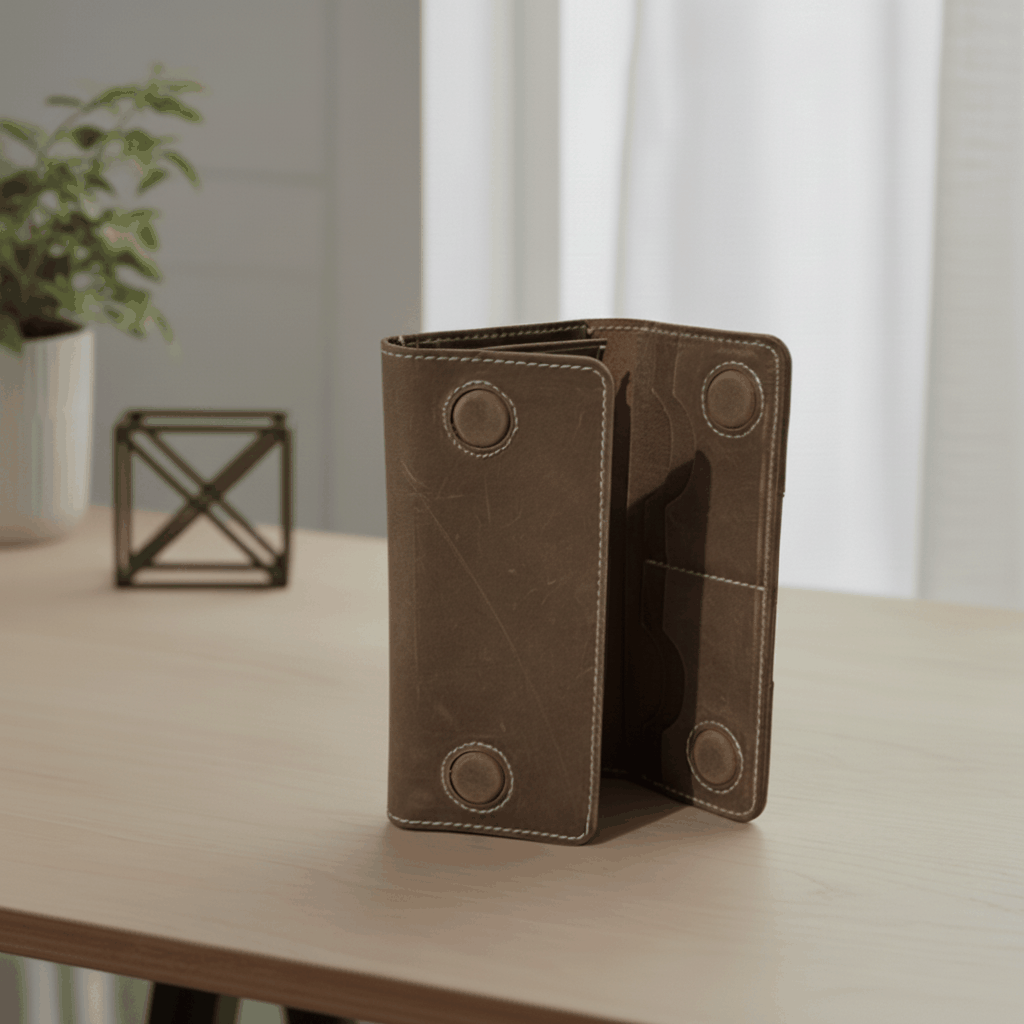 Long Unisex Leather Trifold Wallet with Magnet Lock | Vintage Classic