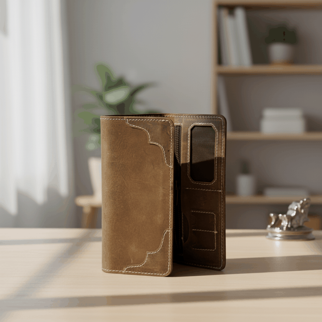Long Unisex Leather Trifold Wallet with Magnet Lock | Vintage Classic